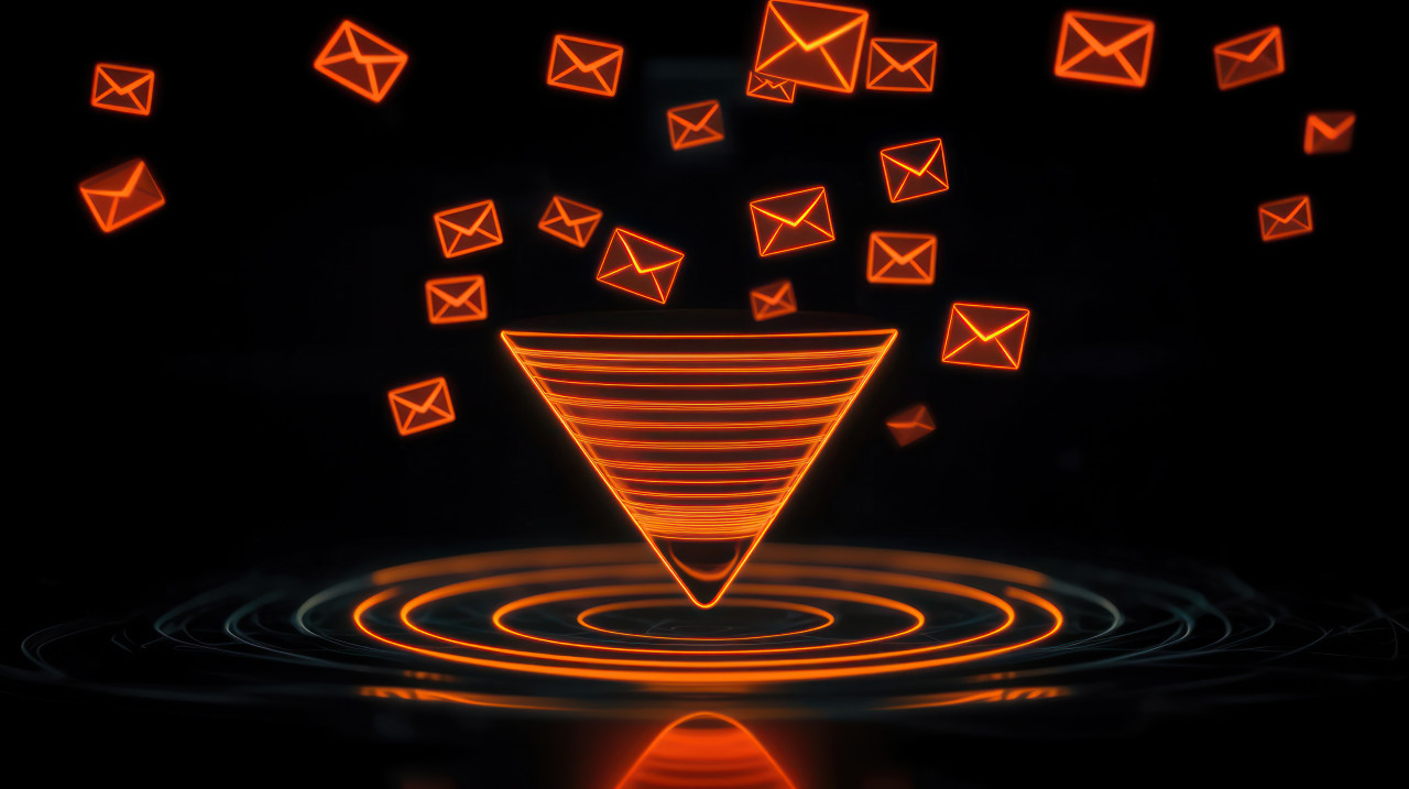 A glowing funnel with floating envelopes representing the busy digital world of email marketing, symbolizing lead generation, customer engagement, digital marketing