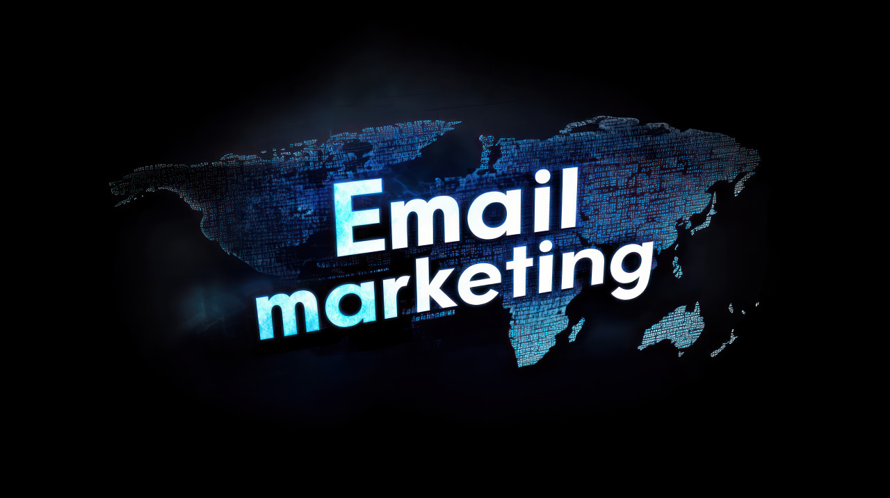 Words email marketing on a digital background featuring a world map, symbolizing global outreach, online communication strategy, digital marketing