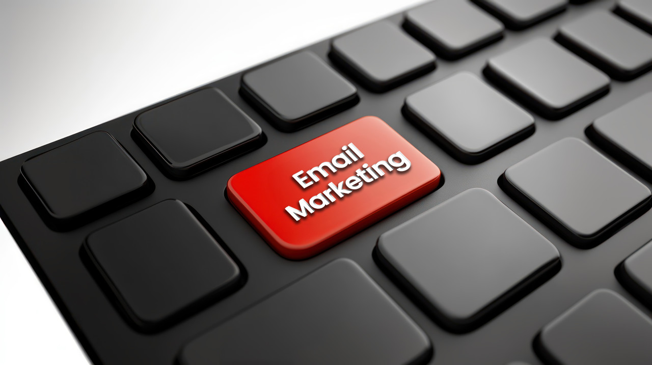 3d rendering of an email marketing button on a black keyboard with a red key, symbolizing email marketing, online engagement, digital marketing