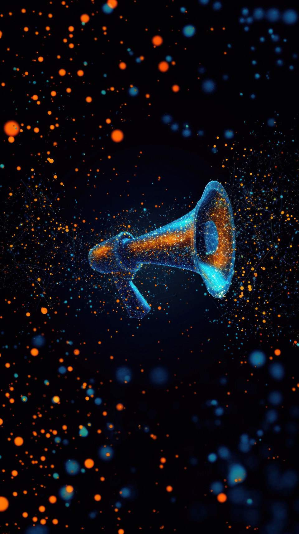 Glowing low poly megaphone made of blue and orange wireframe, connected dots form the surface, set against a dark background, symbolizing communication, digital marketing, data connections, smm