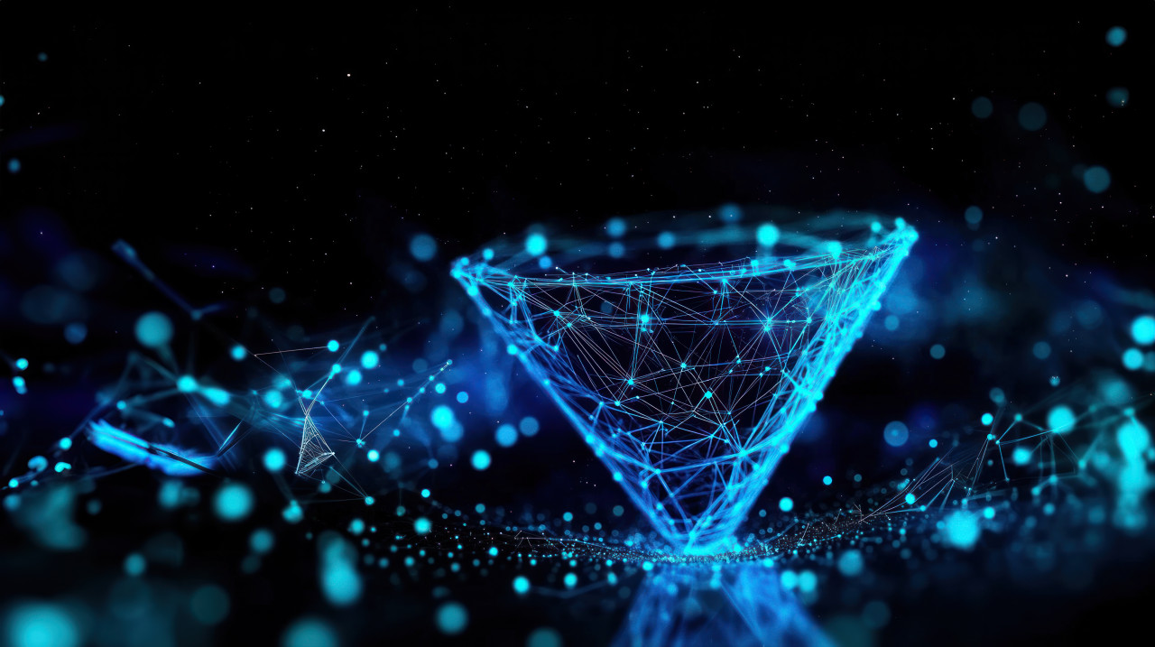 Blue digital funnel composed of lines and dots on a black background, illustrating data processing, digital marketing conversion funnel, visualizing technology, data flow, smm
