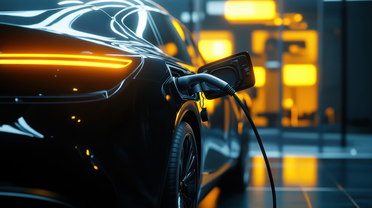 Black electric car plugged into a charger glowing orange light in the background vehicle recharging