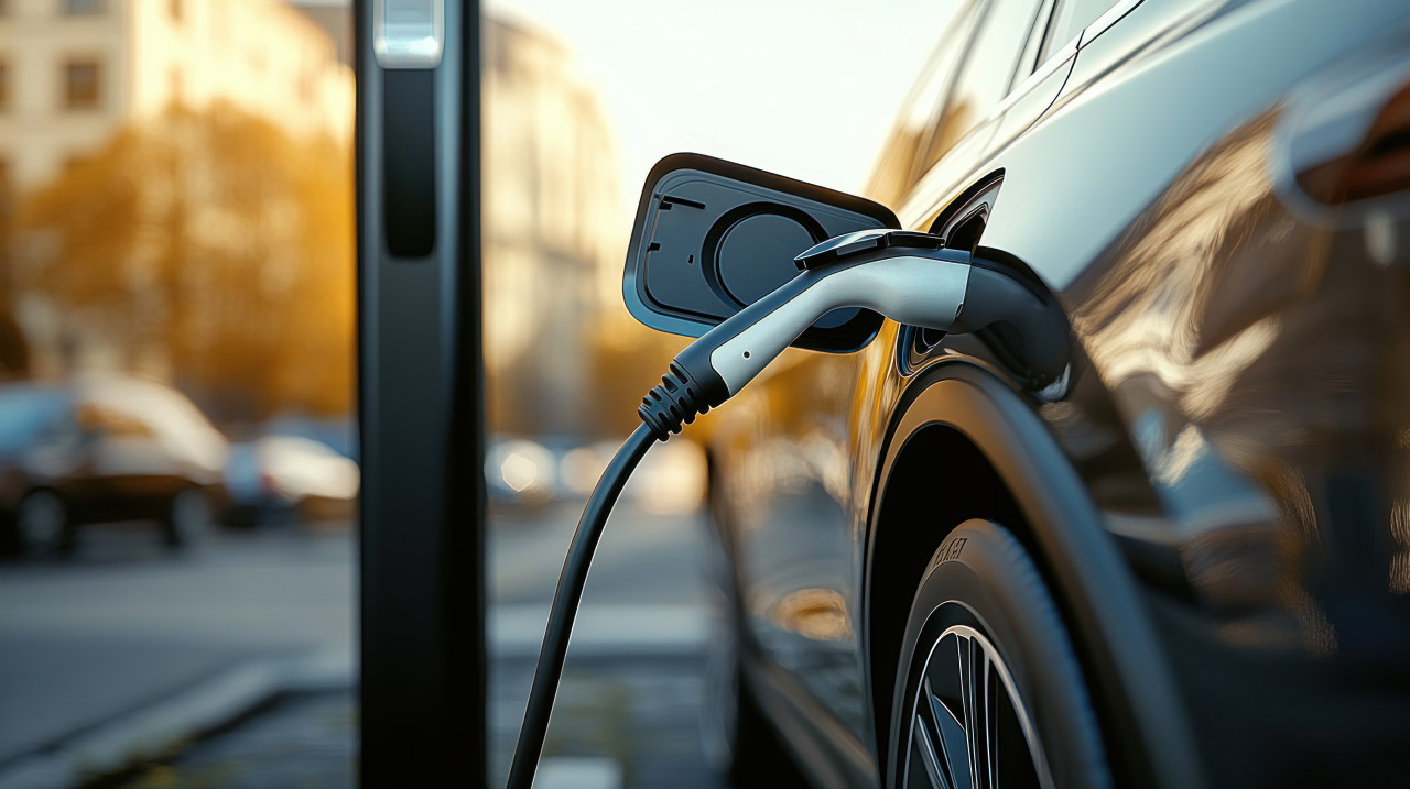 Electric car charging in daylight city streets in the background green technology in urban areas