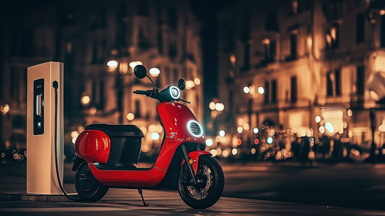 Red electric scooter parked next to an urban charging station city street background clean energy