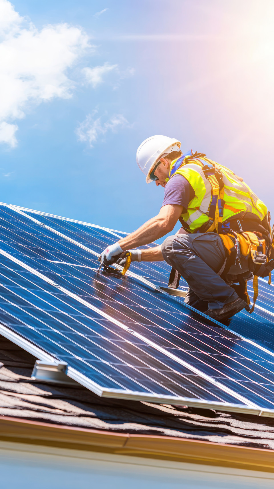 Worker installing solar panels on an apartment building roof with bright sunlight and clear blue sky