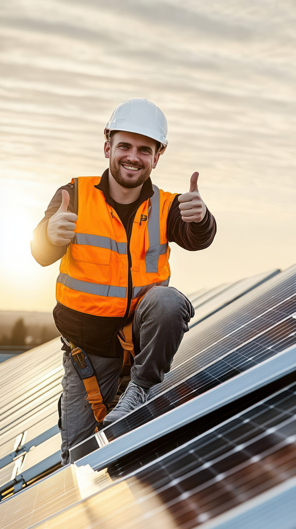 Worker on roof with solar panels in orange vest and white helmet smiling and giving a thumbs up