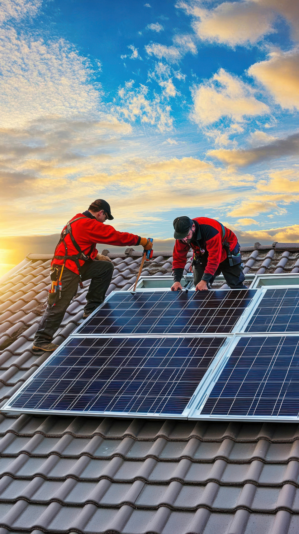 Two men in red and black work jackets installing solar panels on a rooftop under a sunset sky