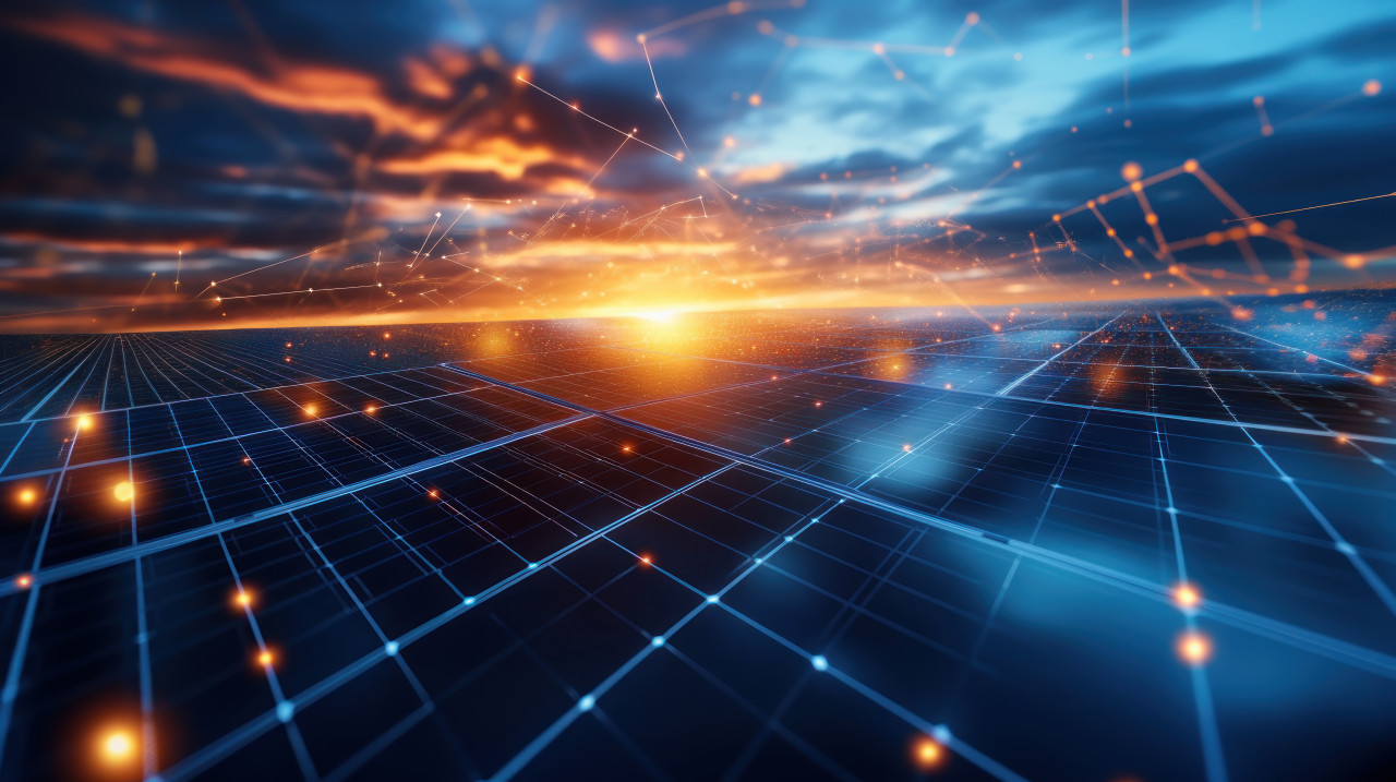 Solar panel glowing in sunset light with grid lines and data visualization in the background, solar rooftop, clean power, energy data