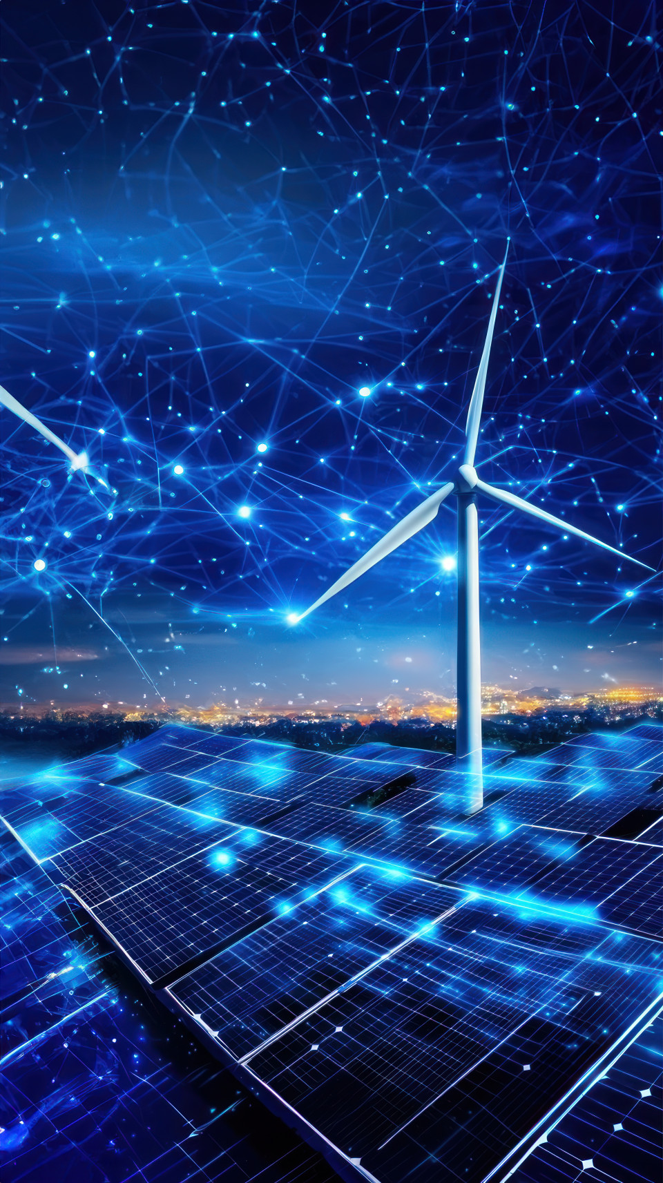 Wind turbines and solar panels interconnected by glowing blue data lines against a night sky symbolizing clean energy and technology integration, renewable power, future energy, green tech