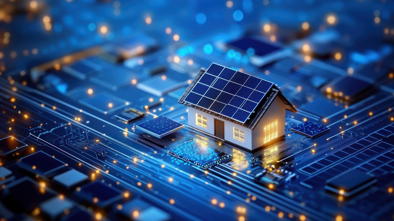 Small house with solar panels on the roof surrounded by digital circuit lines and glowing data points, solar rooftop, smart home, digital tech