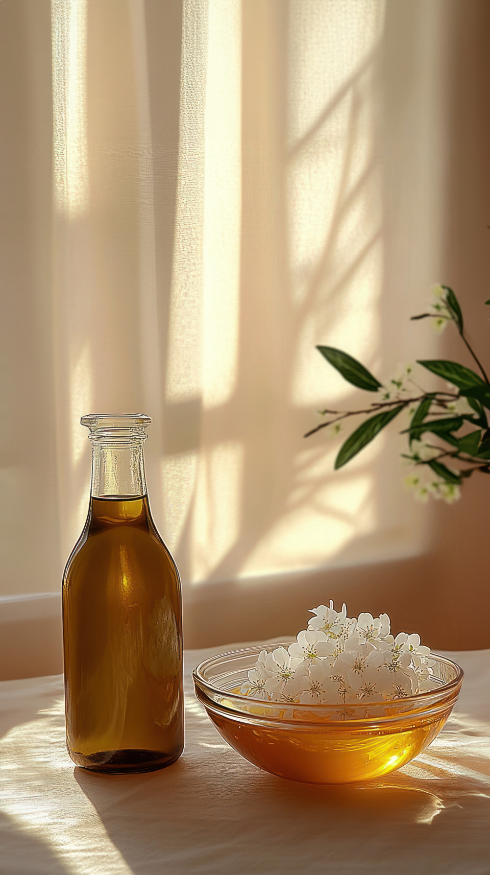Olive oil bottle next to an amber glass bowl of honey and white blossom flowers