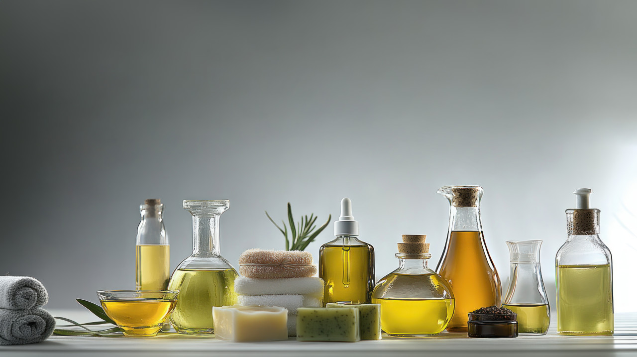 A variety of spa oils soaps and body balms arranged on a table