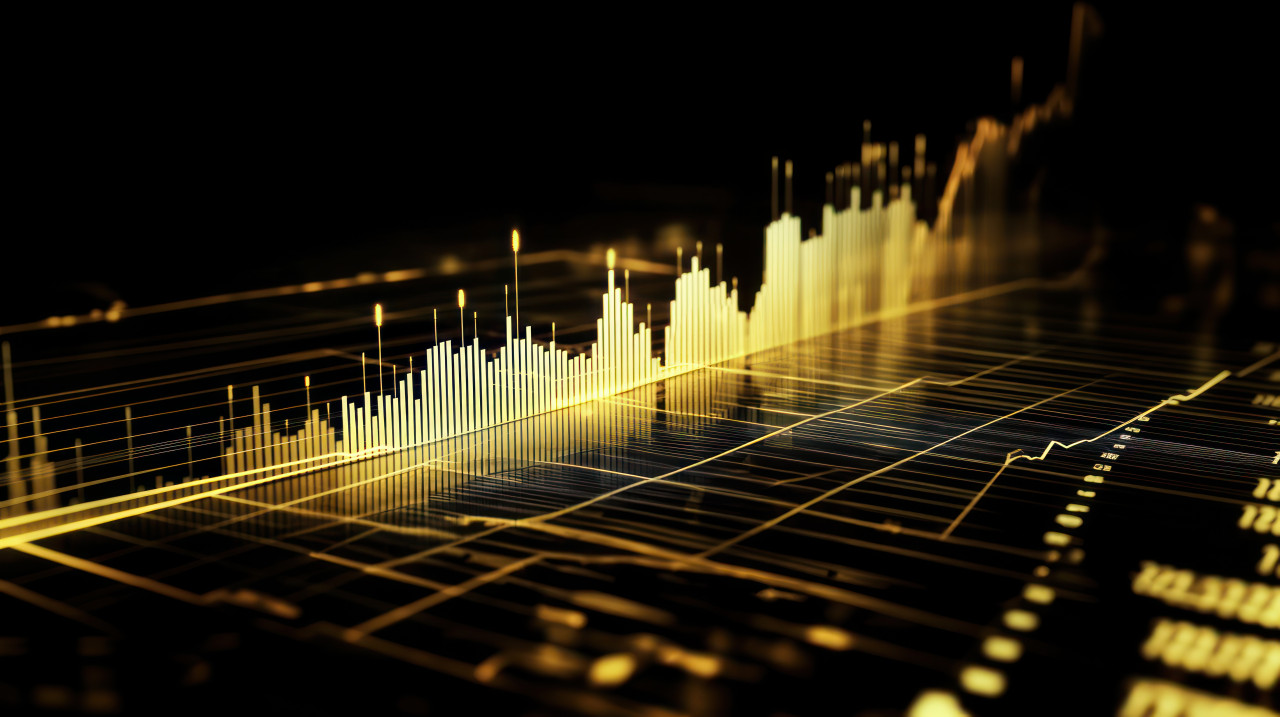 Gold and black background with golden financial graphs with stock charts and curve lines, representing algorithmic trading, financial growth, market trends, investment analysis