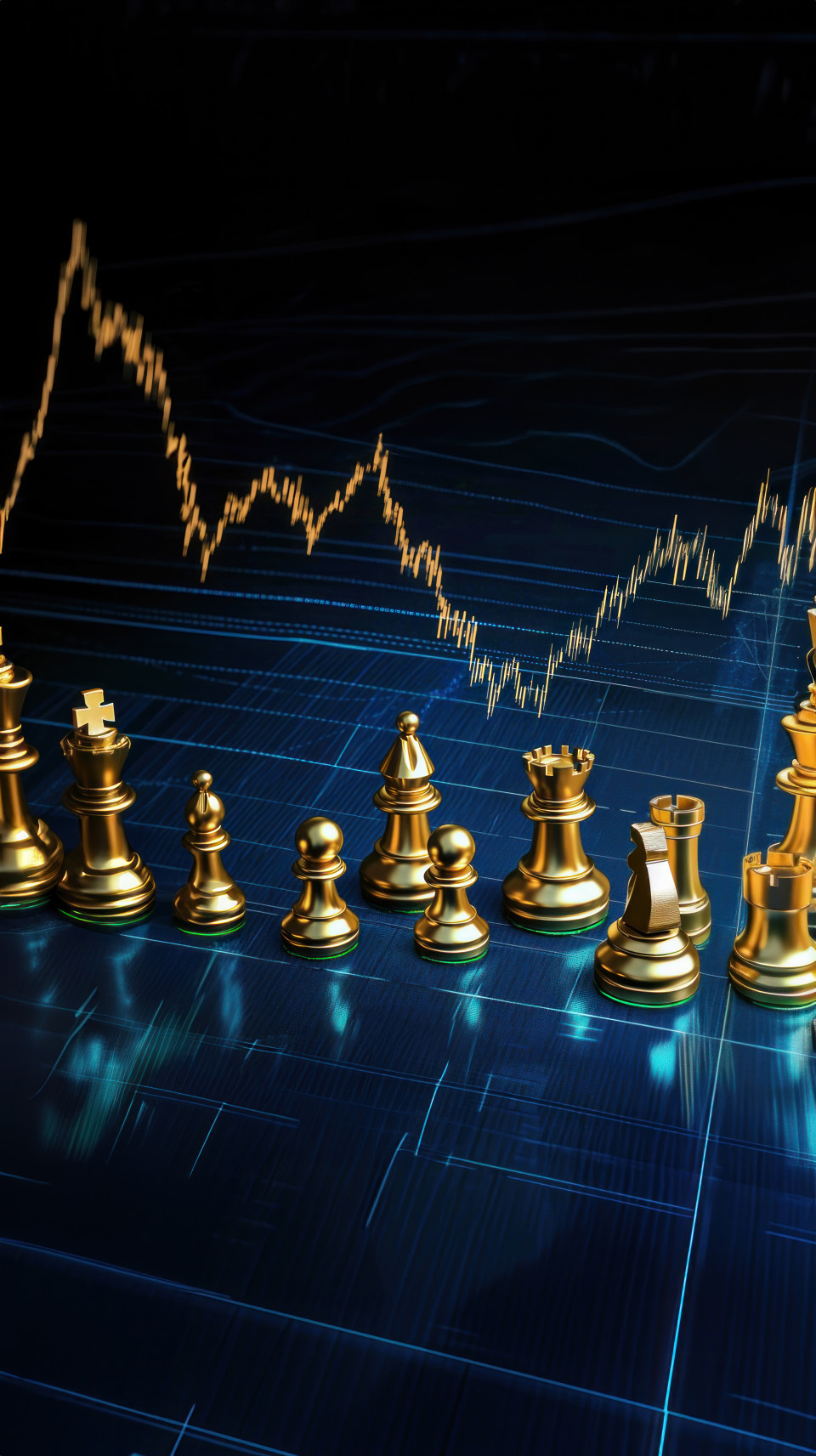 Stock market graph with golden chess pieces, symbolizing algorithmic trading, strategic investments, financial planning, market dynamics, trading strategies