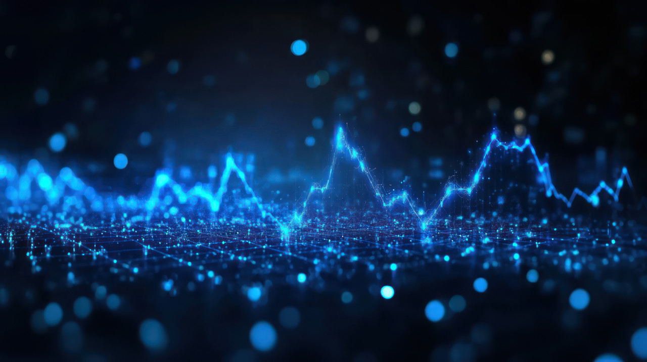 Blue graph rising on a dark background, demonstrating upward stock movement in algorithmic trading, depicting financial growth, economic progress, stock trading