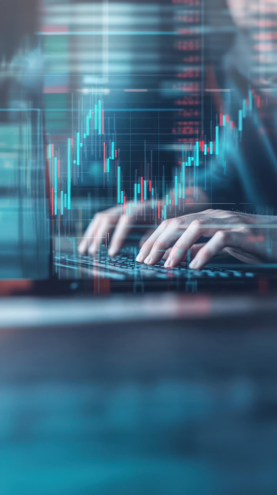 Hands typing on an office computer with digital graphs and charts overlaying the background, representing algorithmic trading, financial analysis, data driven insights