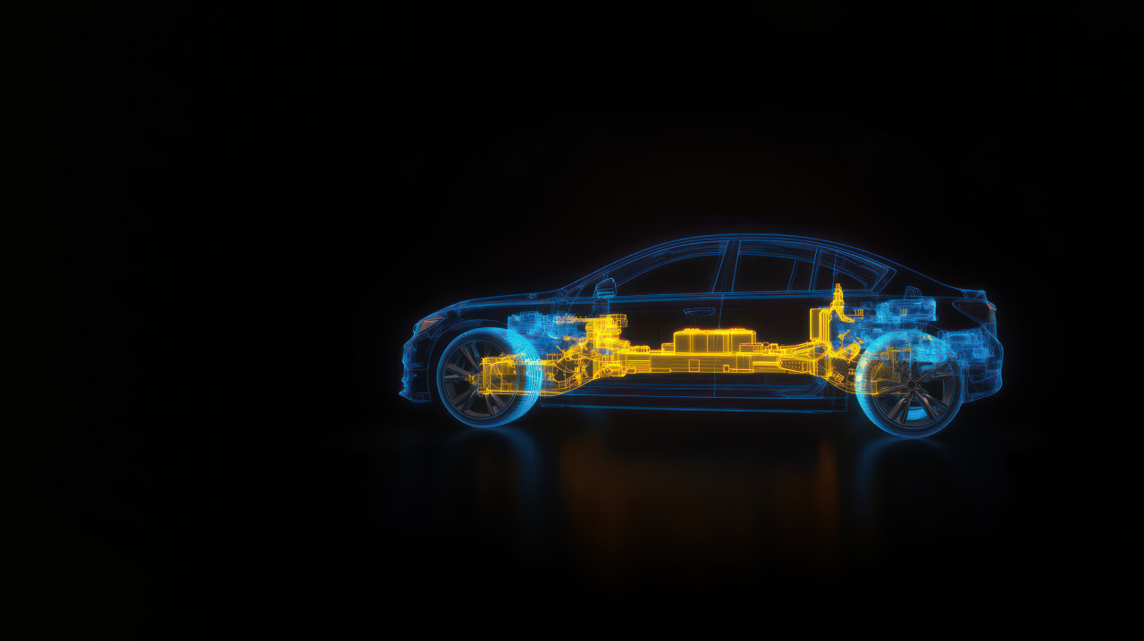 3d rendering of a glowing yellow mechanical structure inside a blue transparent car outline against a black background, highlighting mechanical precision, car mechanics, new tech for cng cars