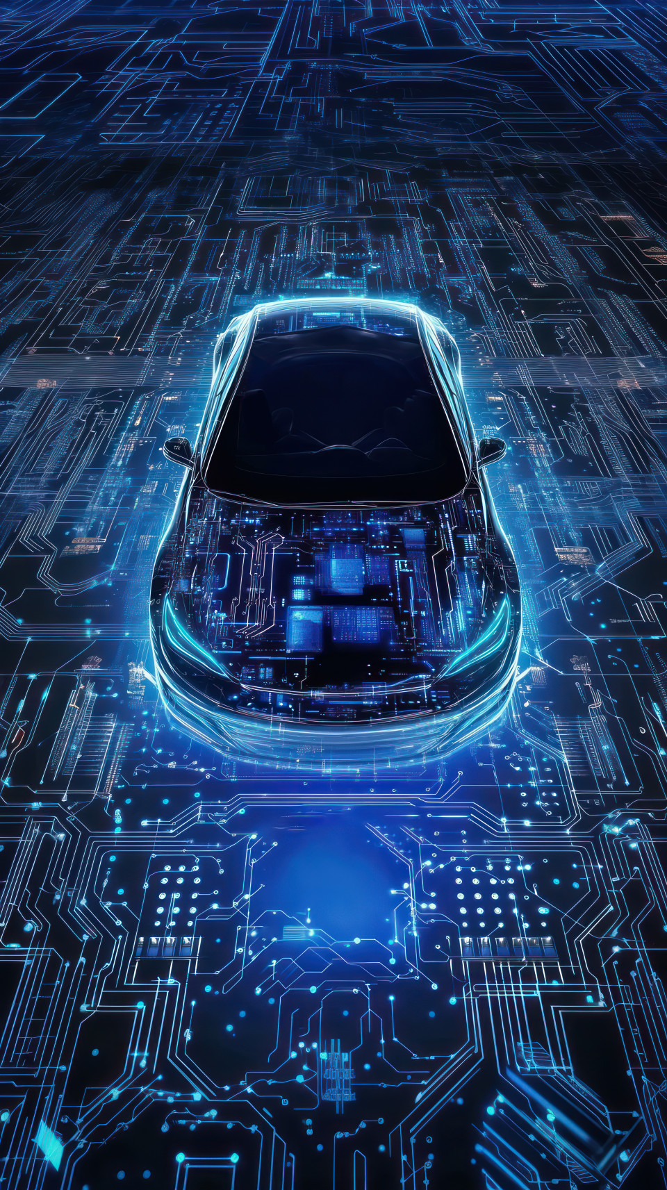 A car in focus atop an electronic circuit background, illustrating the connection between vehicles and modern technology, cng car, tech car