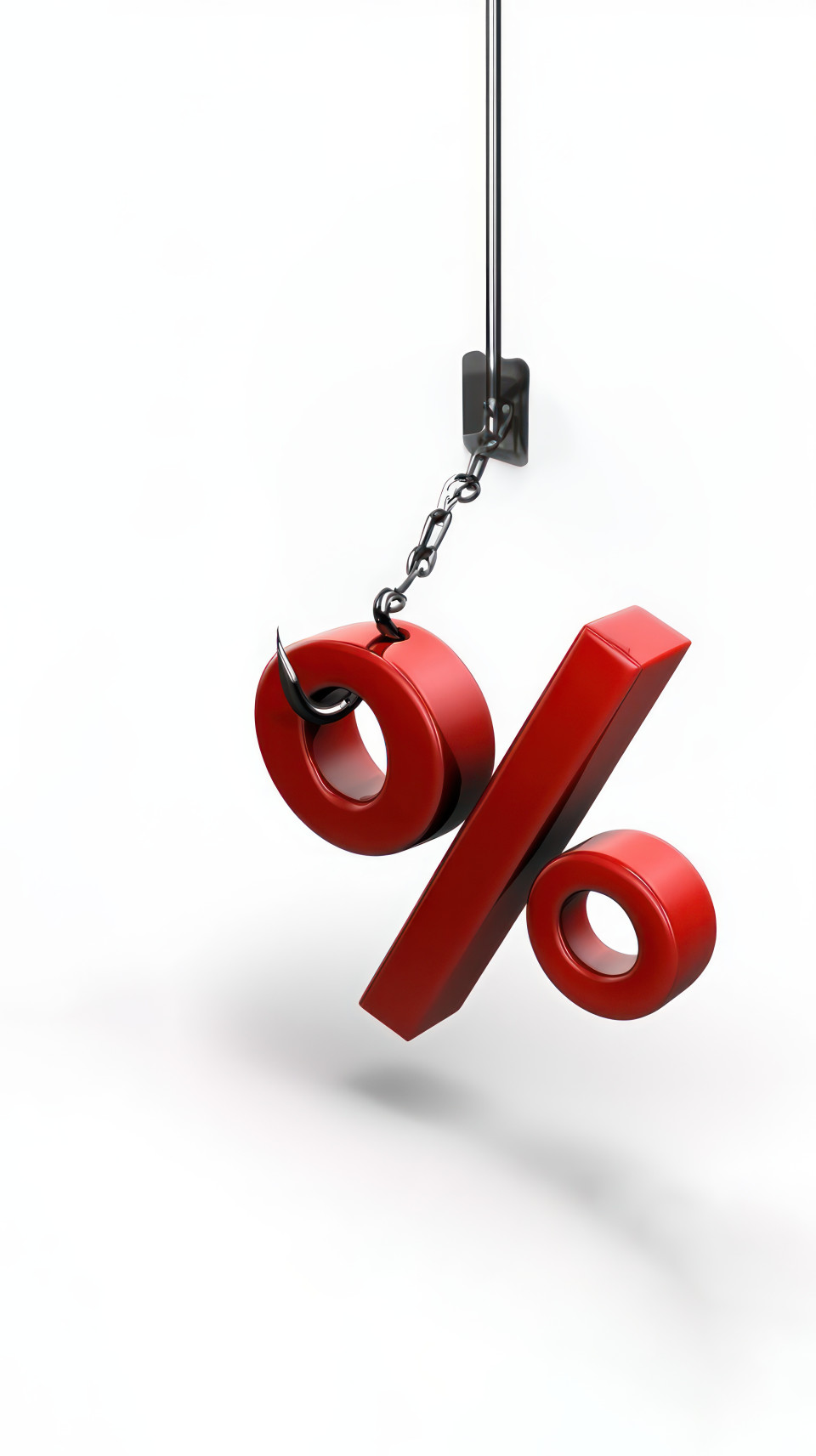 3d red lines graphic of % on white background hanging from fishing hook, symbolizing financial traps and interest rates, debt management, finance