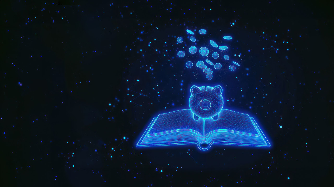 Digital open book with piggy bank and coins floating above symbolizing financial education and savings, debt management, wealth