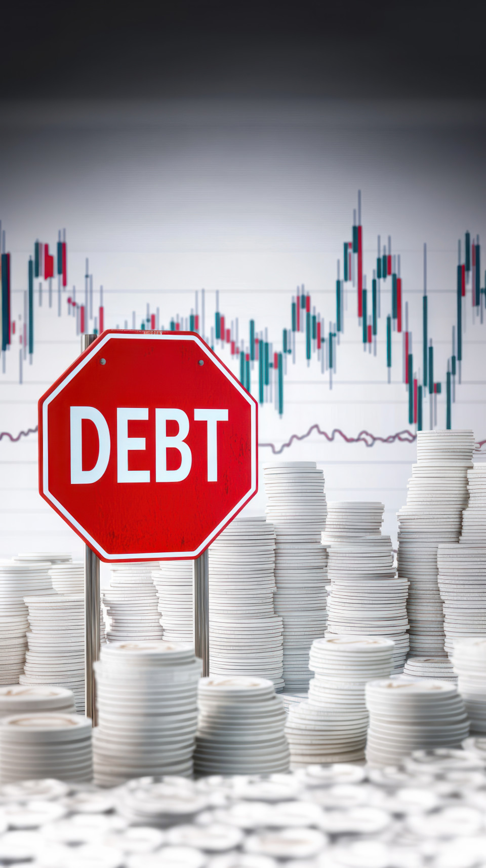 Red stop sign with debt in front of white coin stacks, symbolizing caution against accumulating debt and financial barriers, debt management, finance, warning