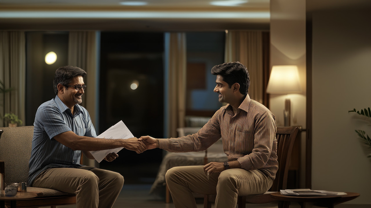 Middle aged indian man shaking hands with a bank employee while sitting in his living room