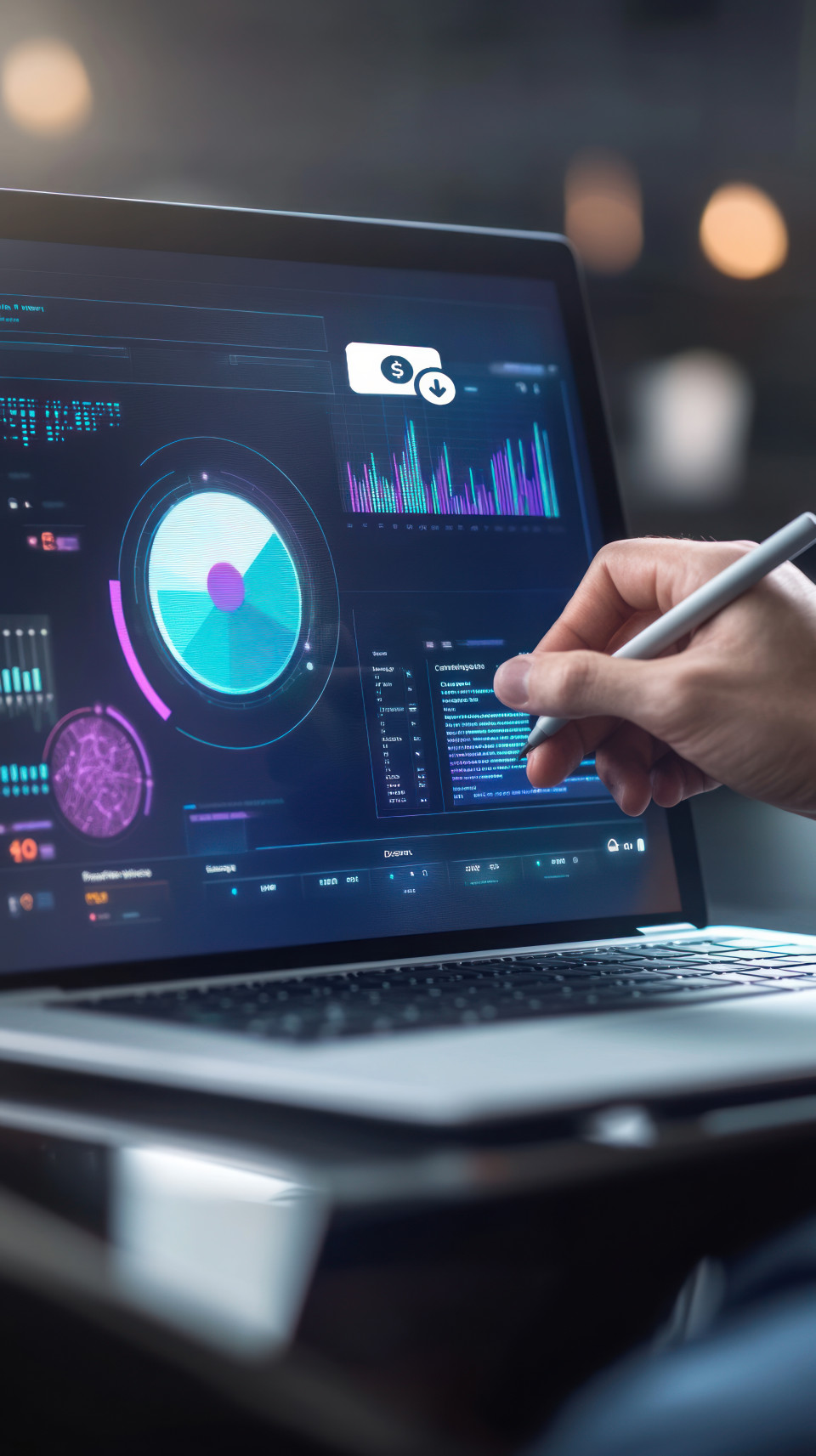 Businessman using tablet to draw financial data pie chart and graph on virtual screen, financial literacy, financial education, money management