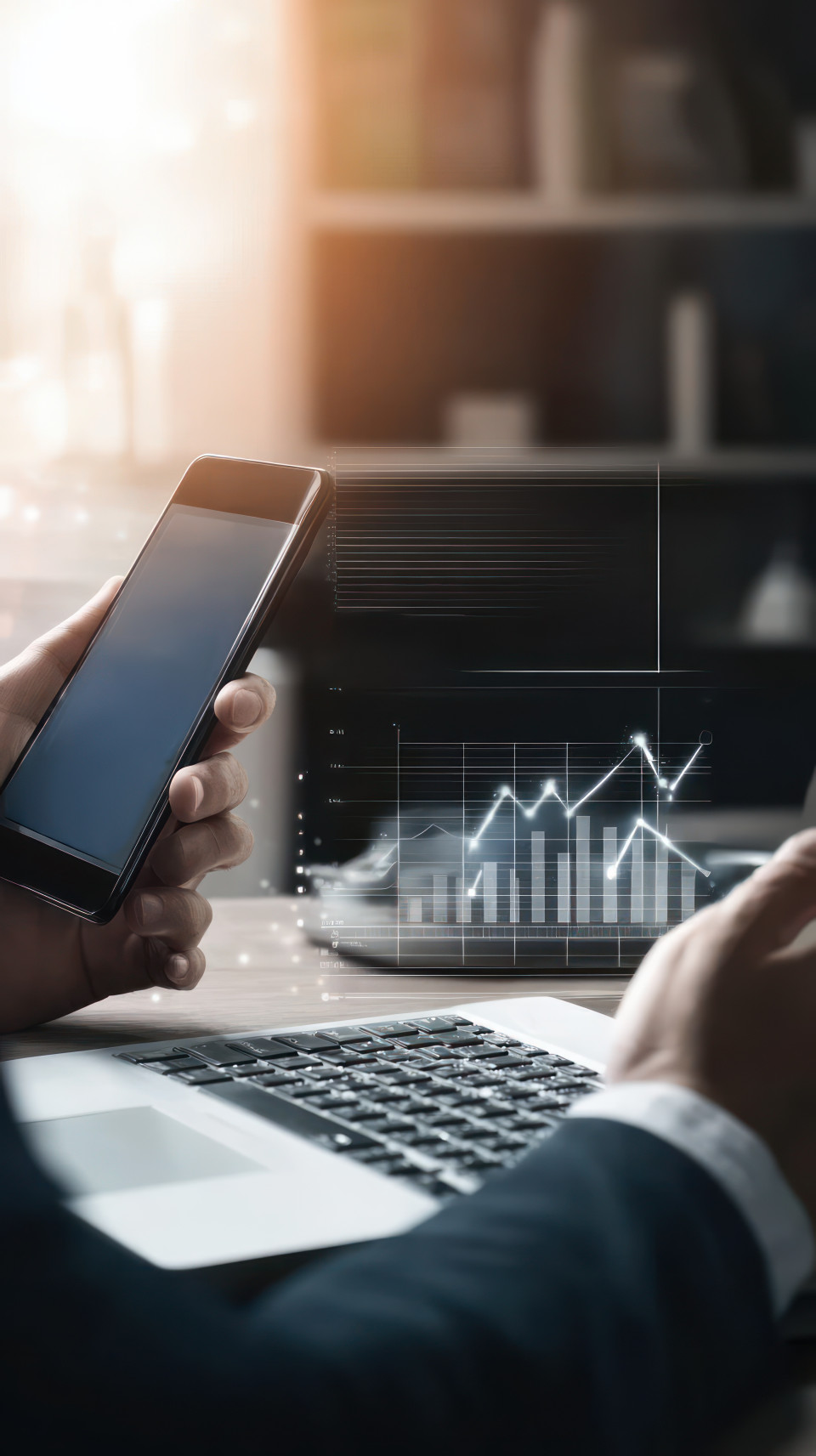 Businessman using smartphone and laptop with growth graph on screen, financial literacy, money management, loans planning