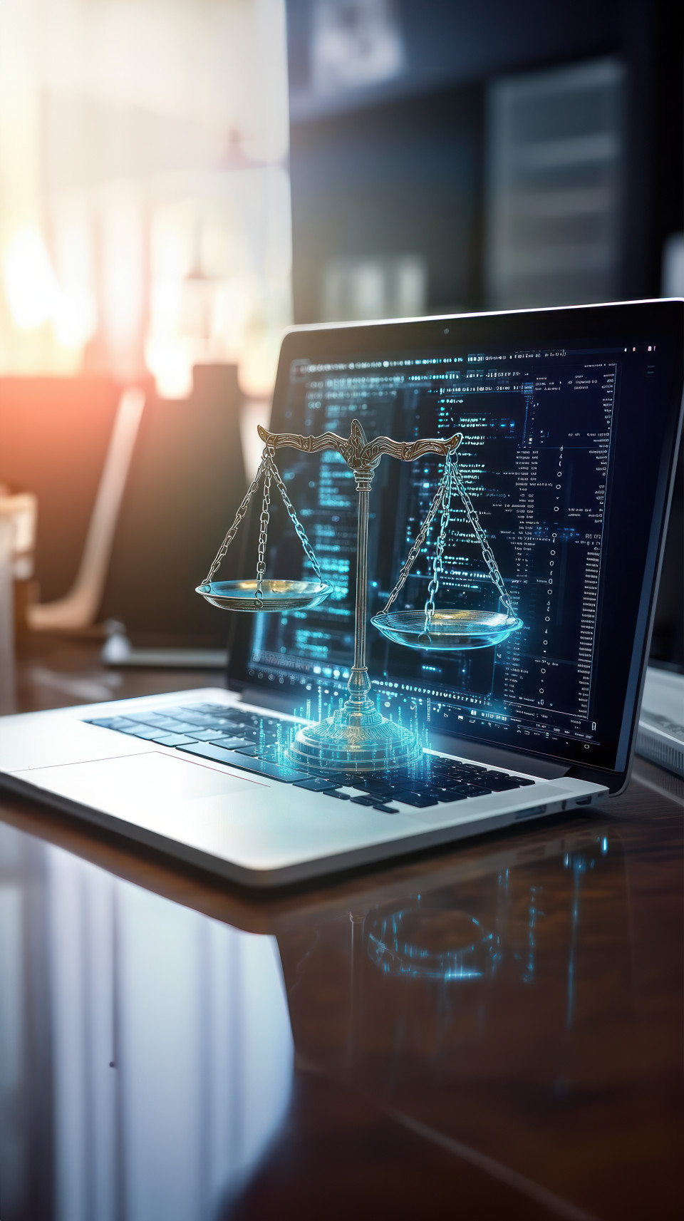 Digital scales of justice glowing on laptop screen surrounded by data and code, representing the integration of technology in legal research, digital law, justice automation