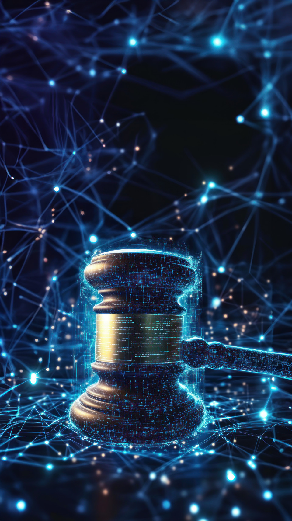 Gavel surrounded by digital data and cyber connections, representing automation in law and legal research, digital justice, legal technology