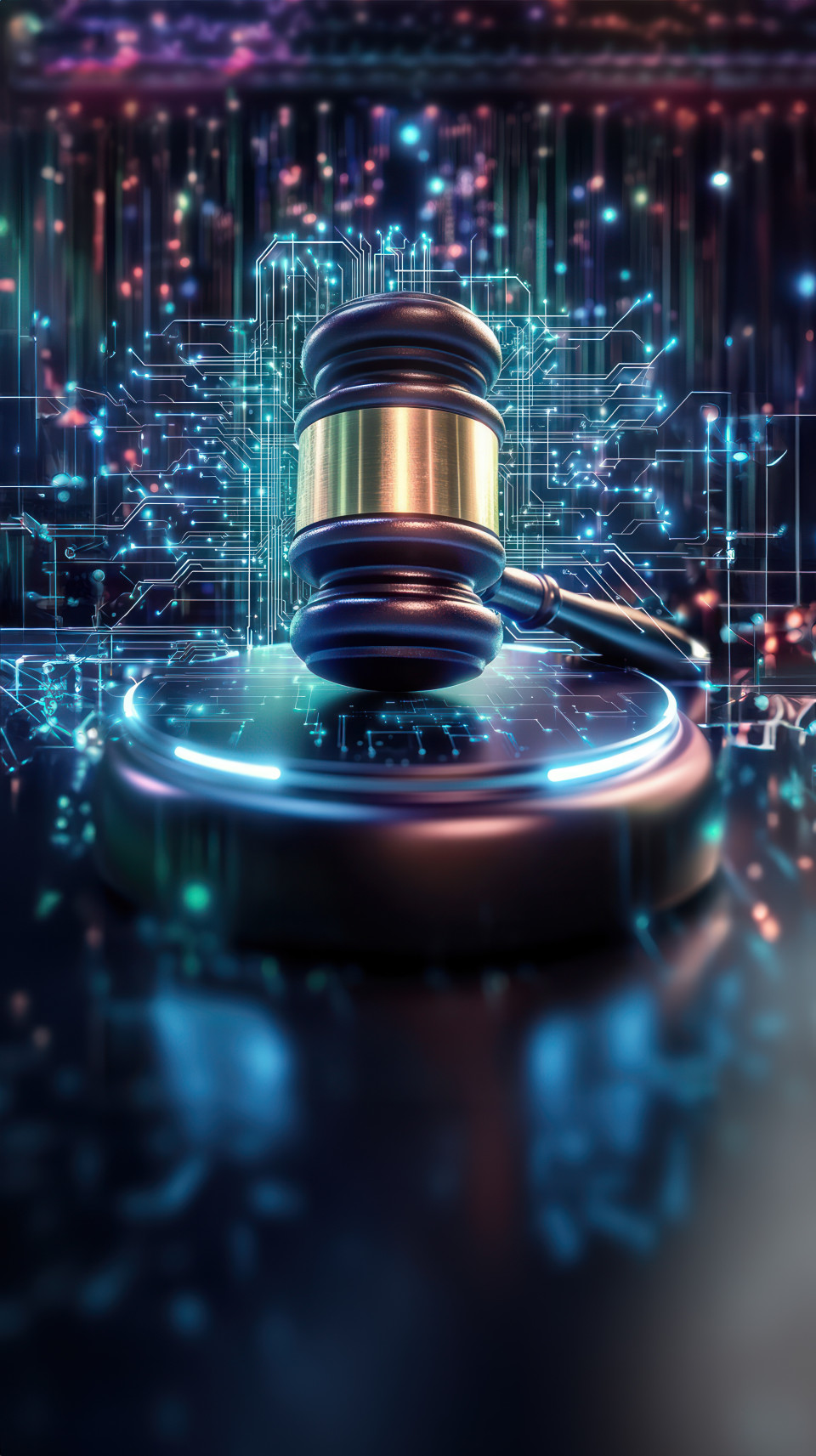 Digital gavel surrounded by glowing circuit patterns, representing advancements in legal research automation and tech in law, digital law, justice tech