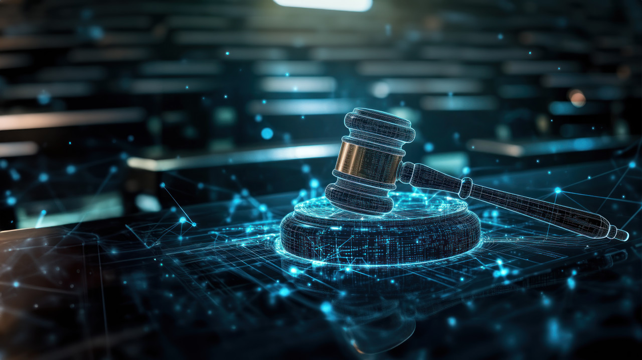 Digital gavel on virtual background, symbolizing tech driven legal research and automation, digital law, justice technology