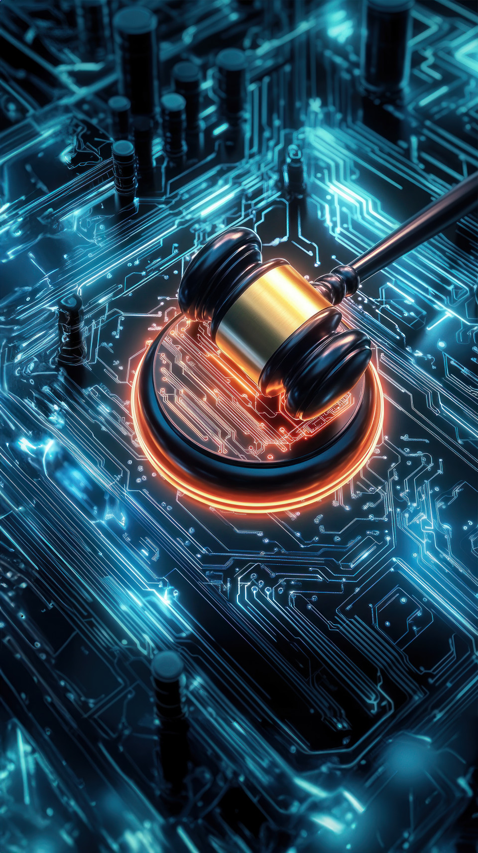 Glowing digital gavel resting on electronic circuit board, representing tech advancements in legal research and automation, law technology, digital justice