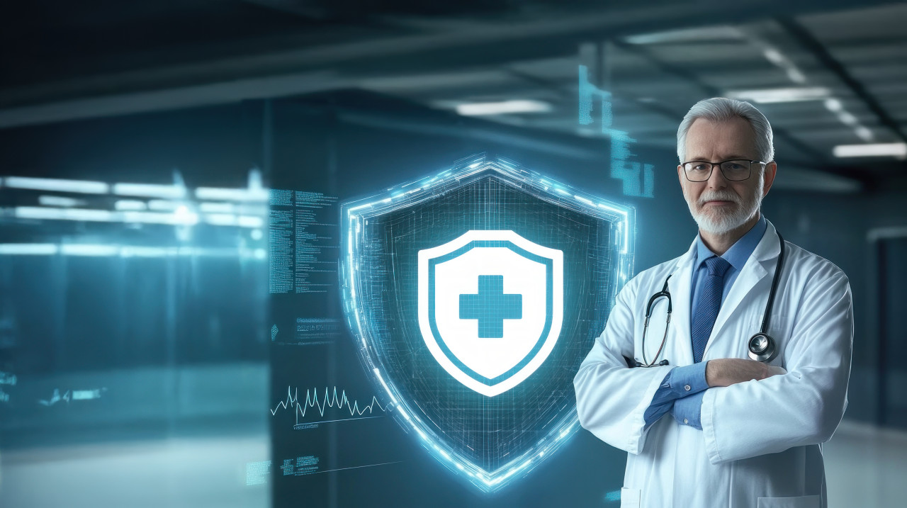 Senior doctor standing before ai security shield symbolizing protection and support in healthcare, patient portals, patient security, healthcare safety