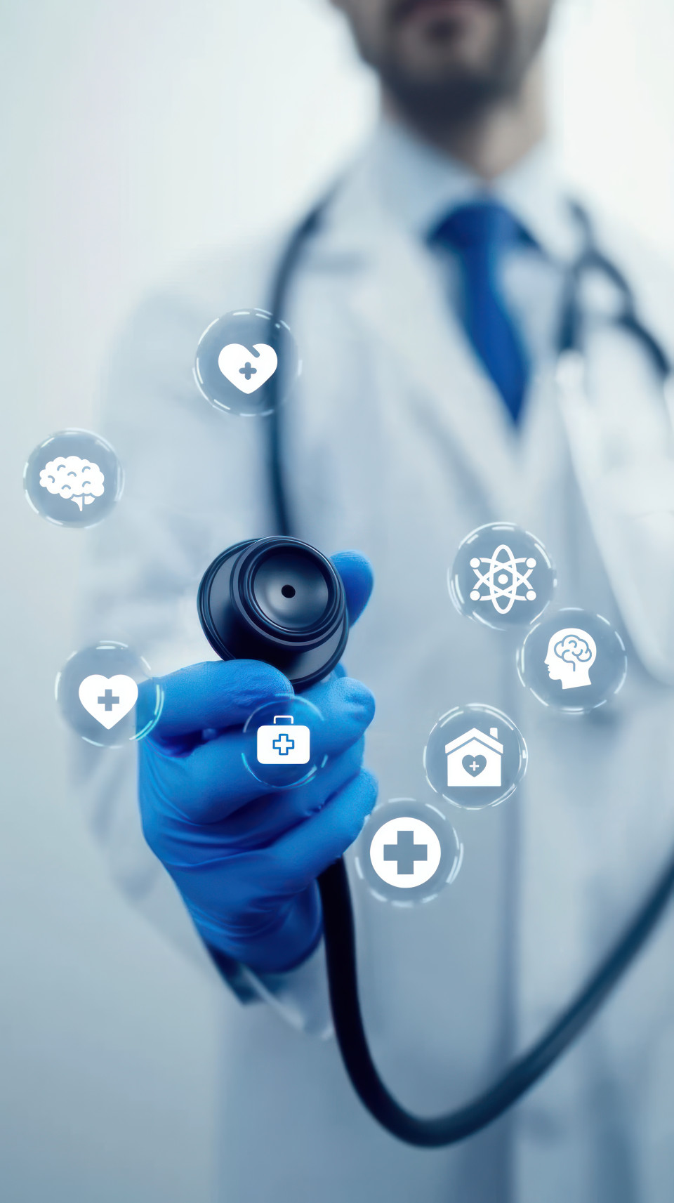 Doctor wearing blue gloves holding stethoscope with medical icons floating in front, patient security, digital health, medical data