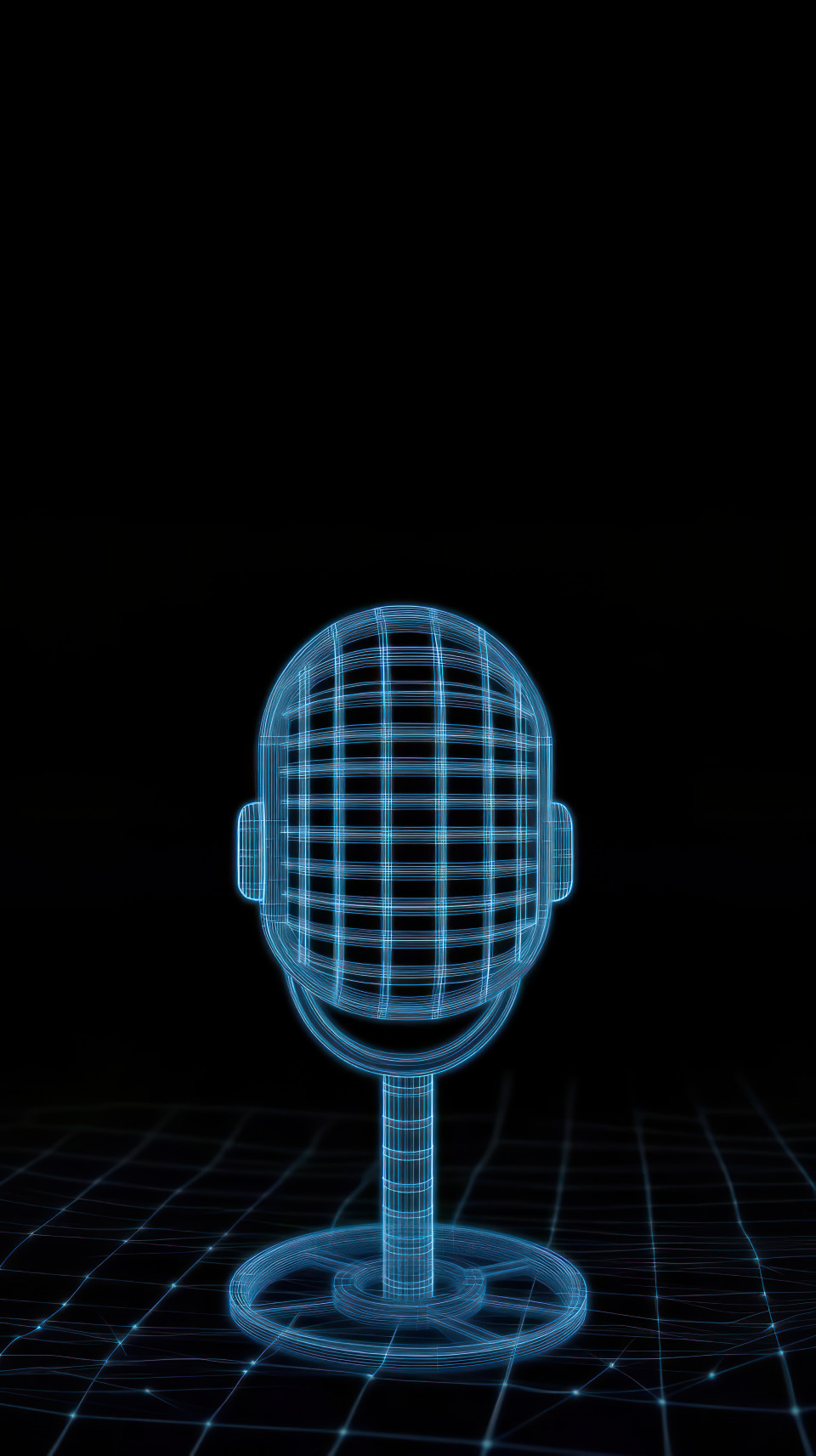 Holographic wireframe microphone icon on black background, symbolizing digital podcast revenue, tech visual, podcast monetization