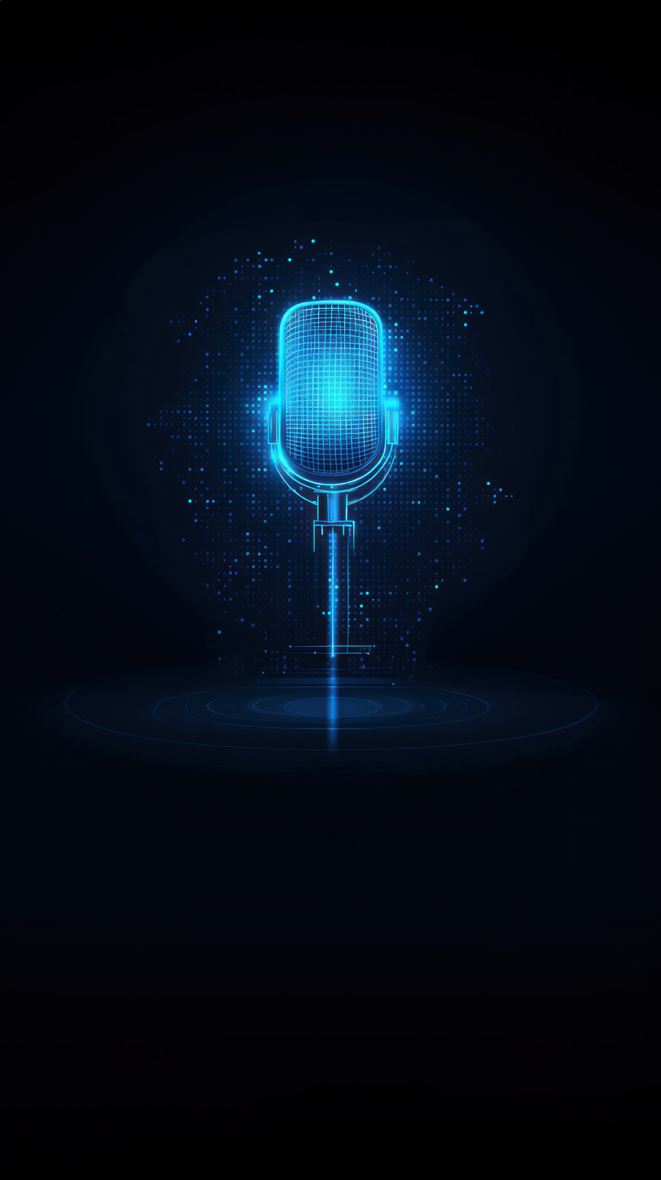 Microphone illuminated by blue light on dark background, symbolizing podcast income through digital technology, spotlight effect, podcast monetization