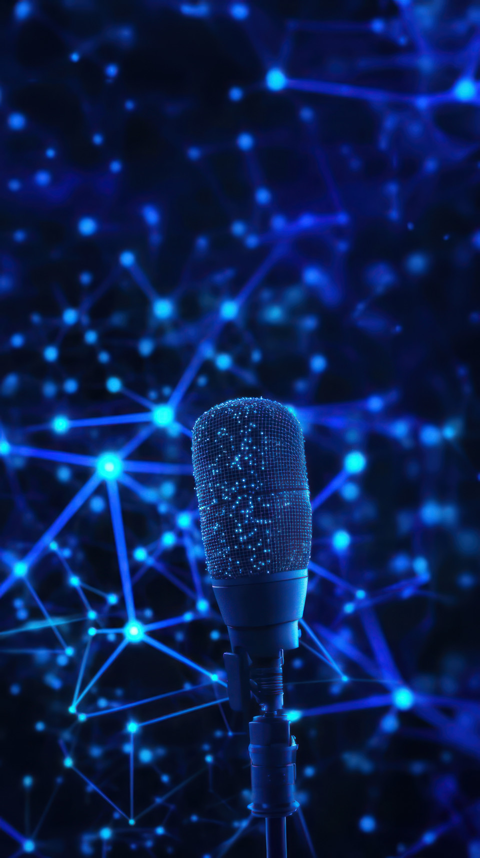 Microphone surrounded by blue digital connections on abstract background, symbolizing podcast income in tech, digital integration, podcast monetization
