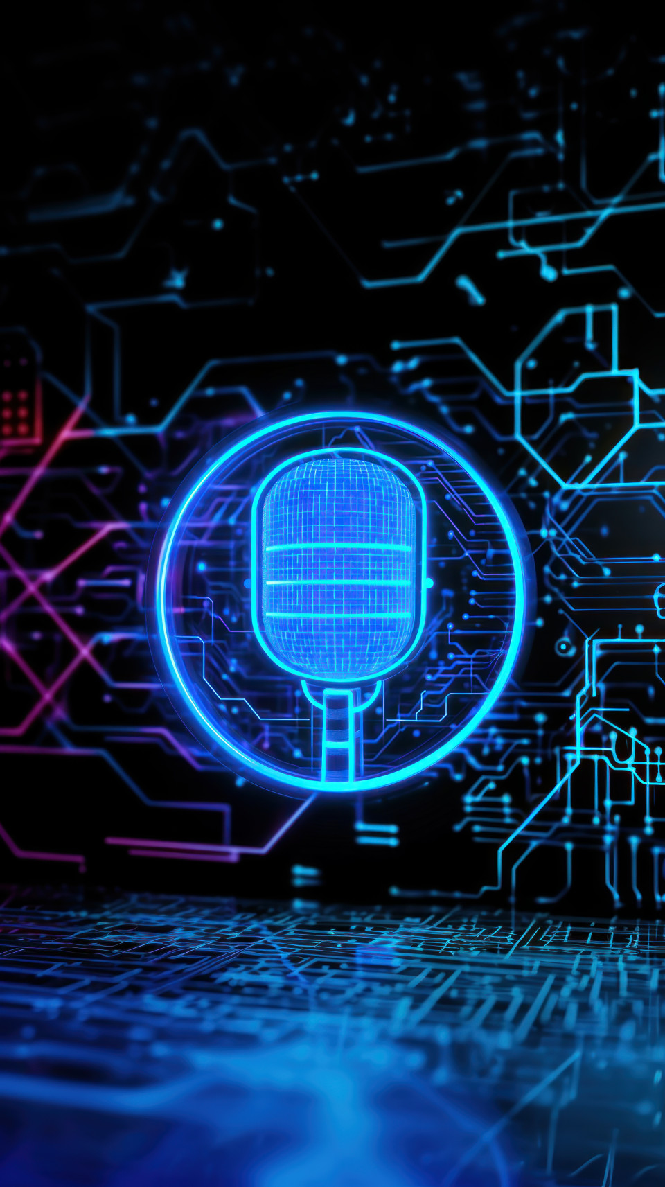 Glowing blue microphone icon with digital circuit patterns in background, symbolizing podcast income technology, futuristic elements, podcast monetization