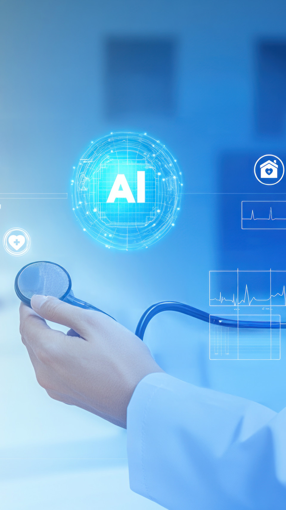 Doctor using ai tool to monitor patient data with medical symbols around, healthcare solutions, patient monitoring, medical technology