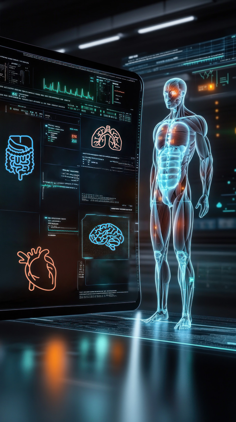 Holographic display of human body showing detailed data points and interactive elements, digital health diagnostics, medical data visualization, patient monitoring