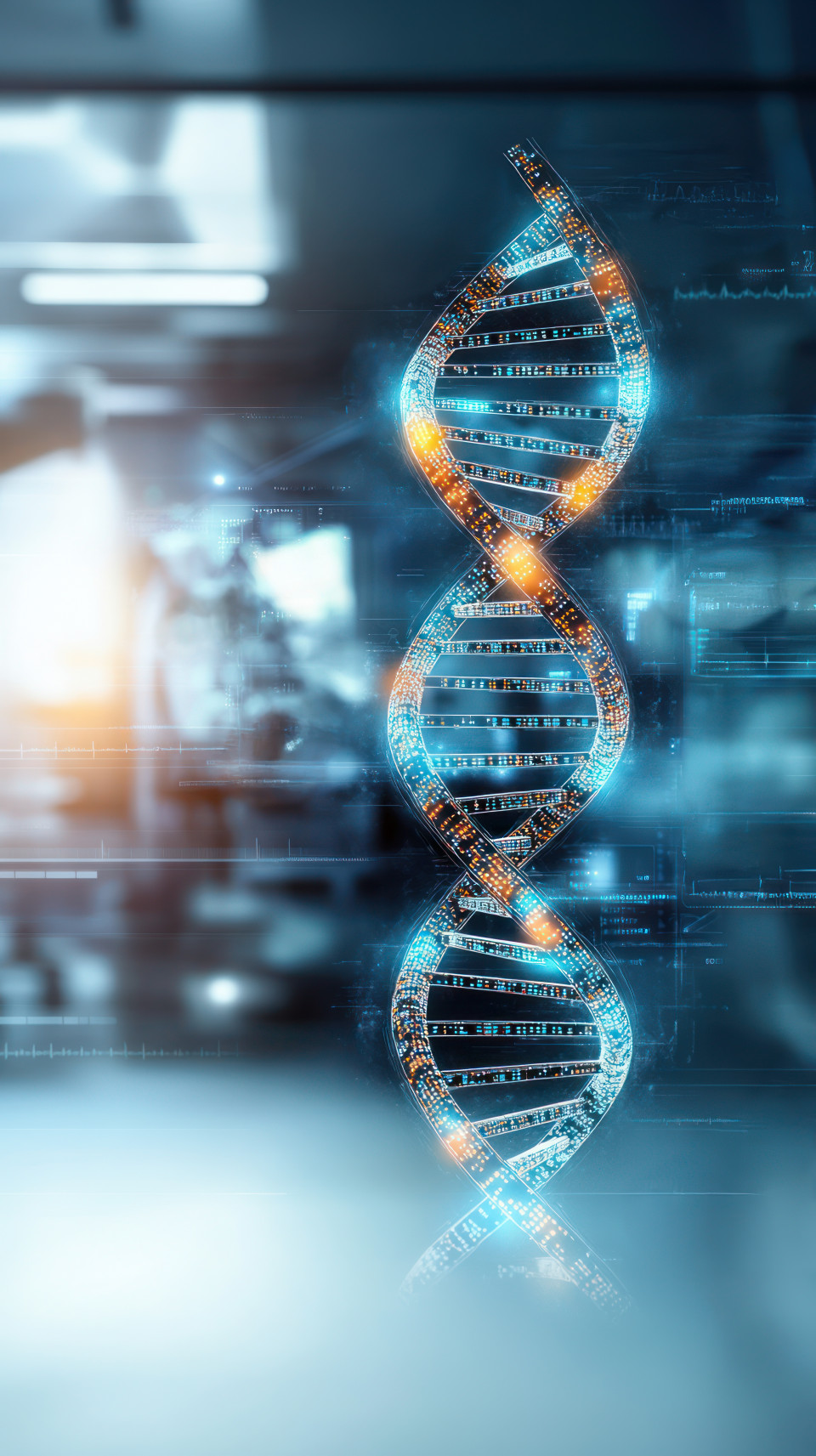 Double helix dna model with flowing digital data, medical analysis, health data, dna analytics