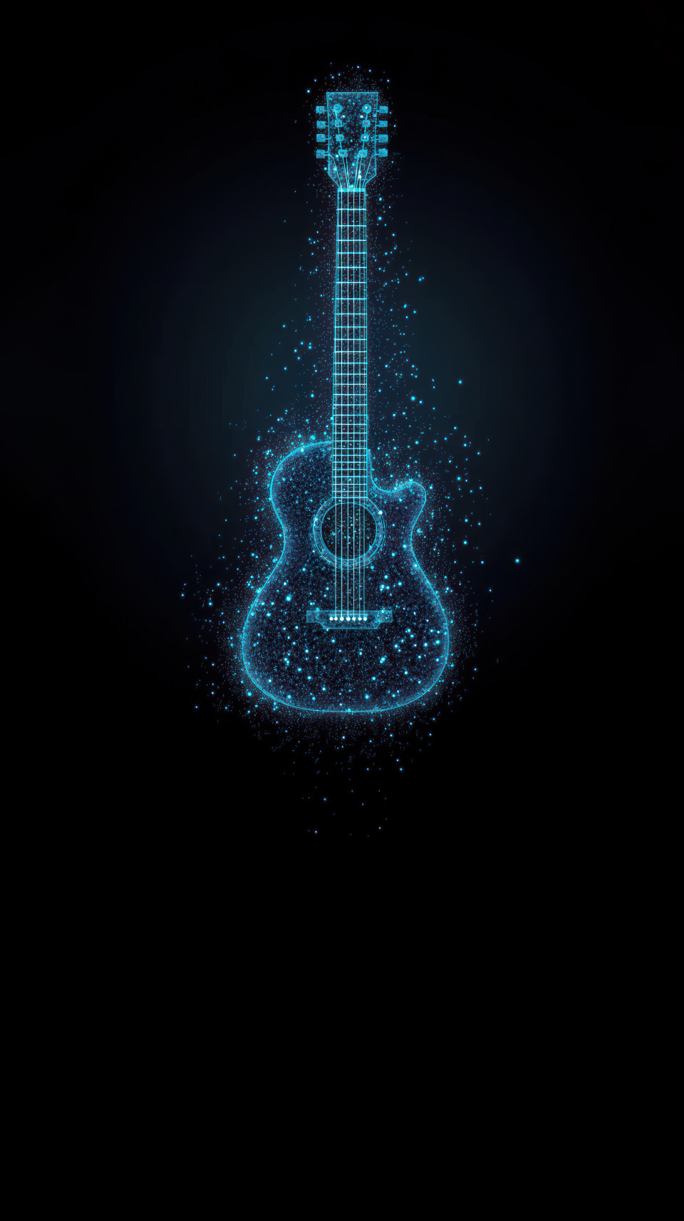 Blue guitar made of glowing particles on a dark background, symbolizing digital sound and music, glowing guitar, particle art, sound mixing concept