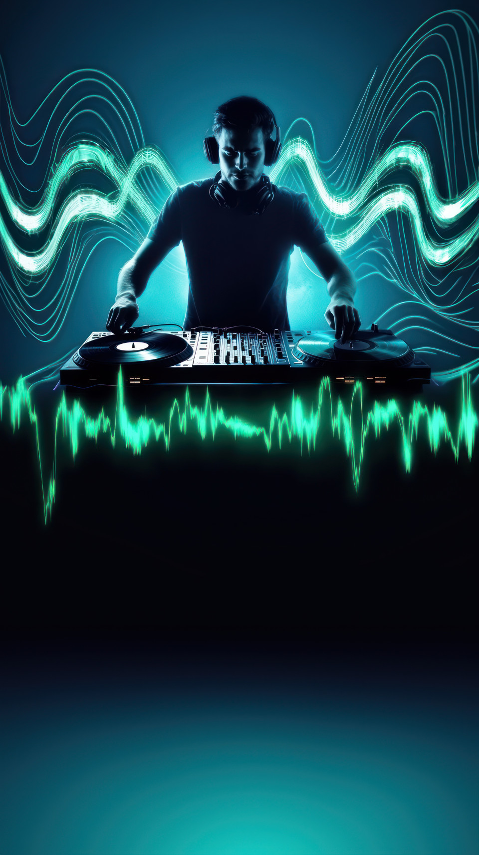 Dj surrounded by audio graphics with sound waves and vinyl records on a blue background, representing sound design, vinyl records, dj performance, audio mixing