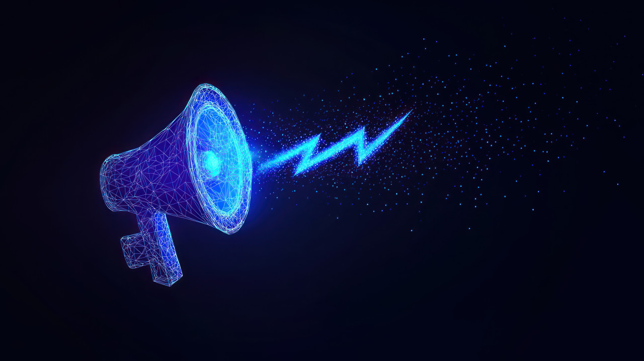 Low poly megaphone with a lightning bolt, blending sound design with powerful energy, abstract megaphone, lightning effects, audio mixing