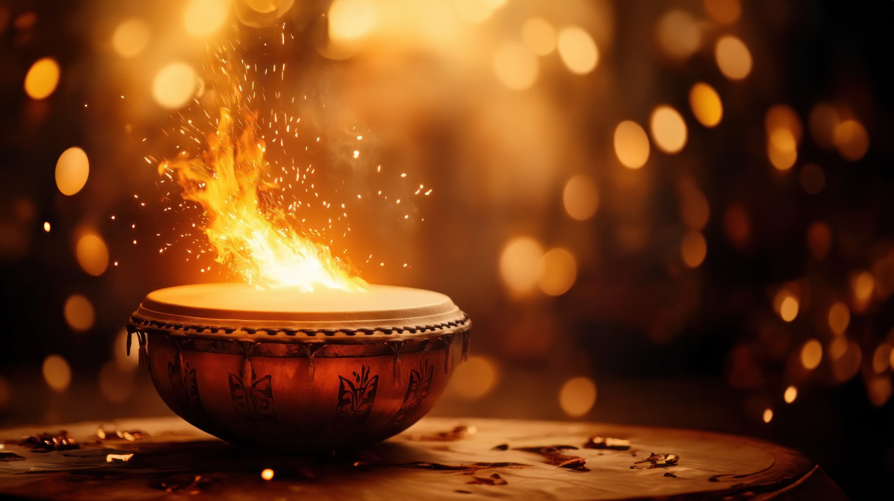 Traditional drum with fire bursting out it, intense visuals, fire drum, cultural ritual