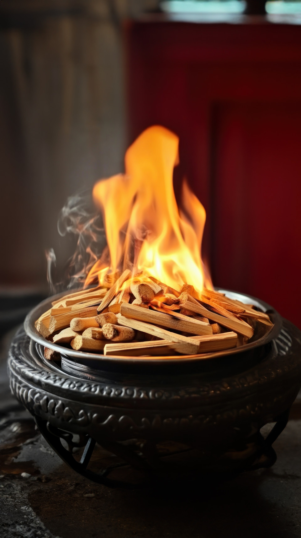 Plate wooden sticks burning flame, wooden flames, festive atmosphere, lohri festival