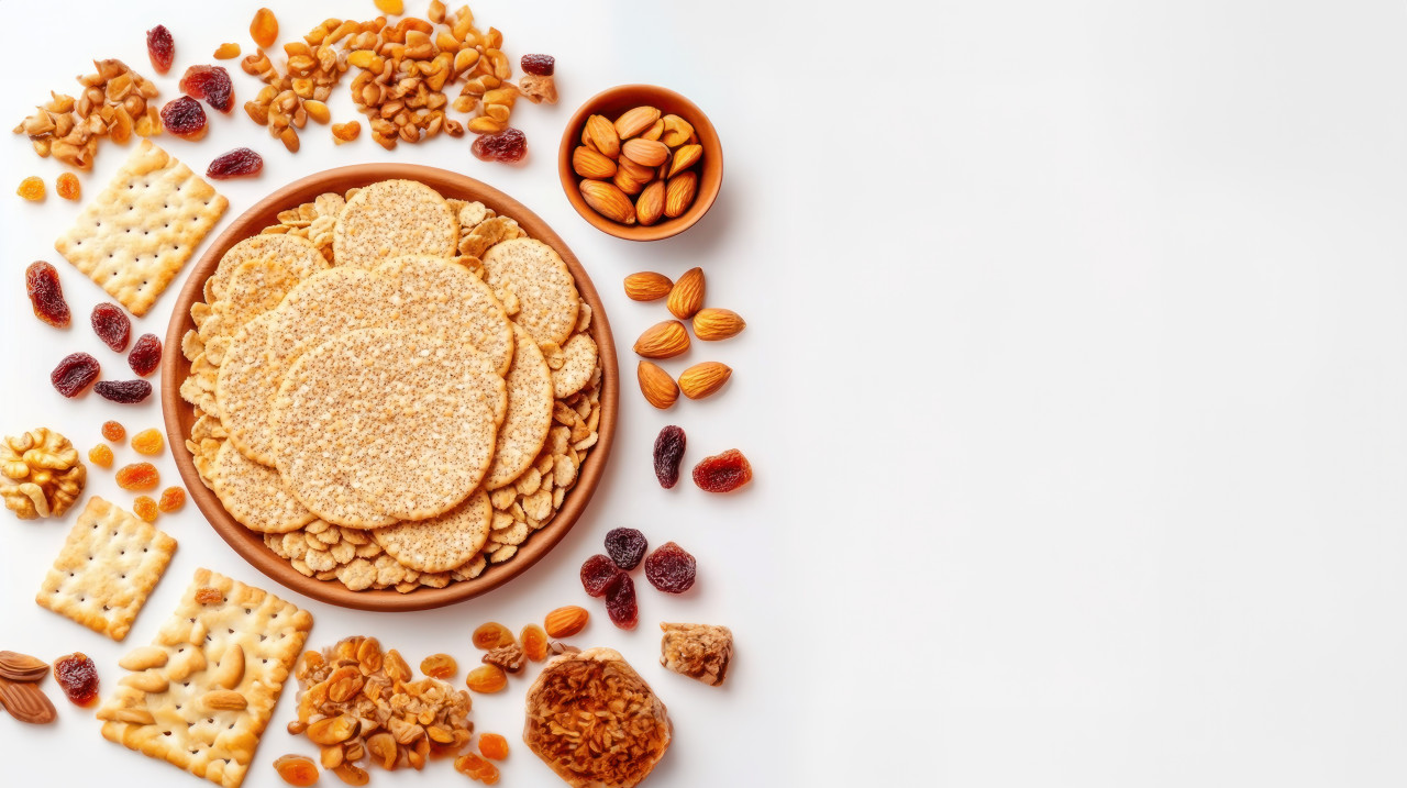 Whole grain wheat and saltine crackers on a plate with nuts and dried fruits around it, healthy snack variety, mixed nuts and seeds, lohri festival