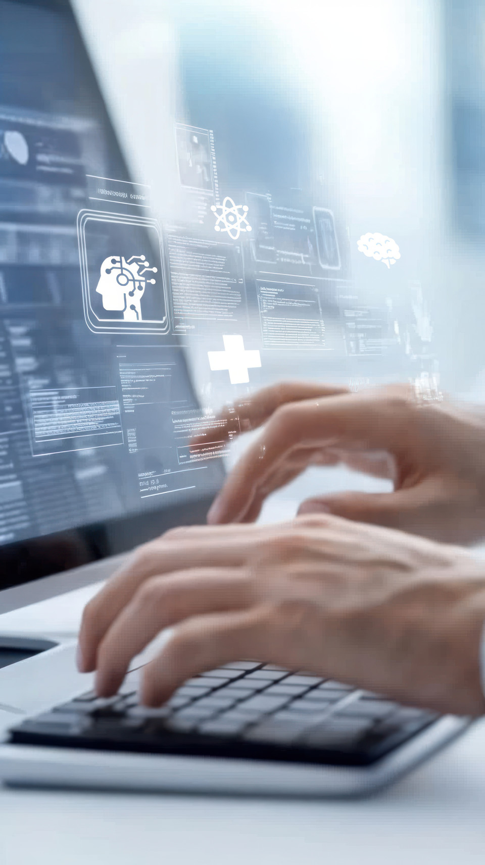 Doctor using ai chatbot for patient support with medical information and chat bubbles on digital screens, medical chat bot, patient care, ai diagnosis