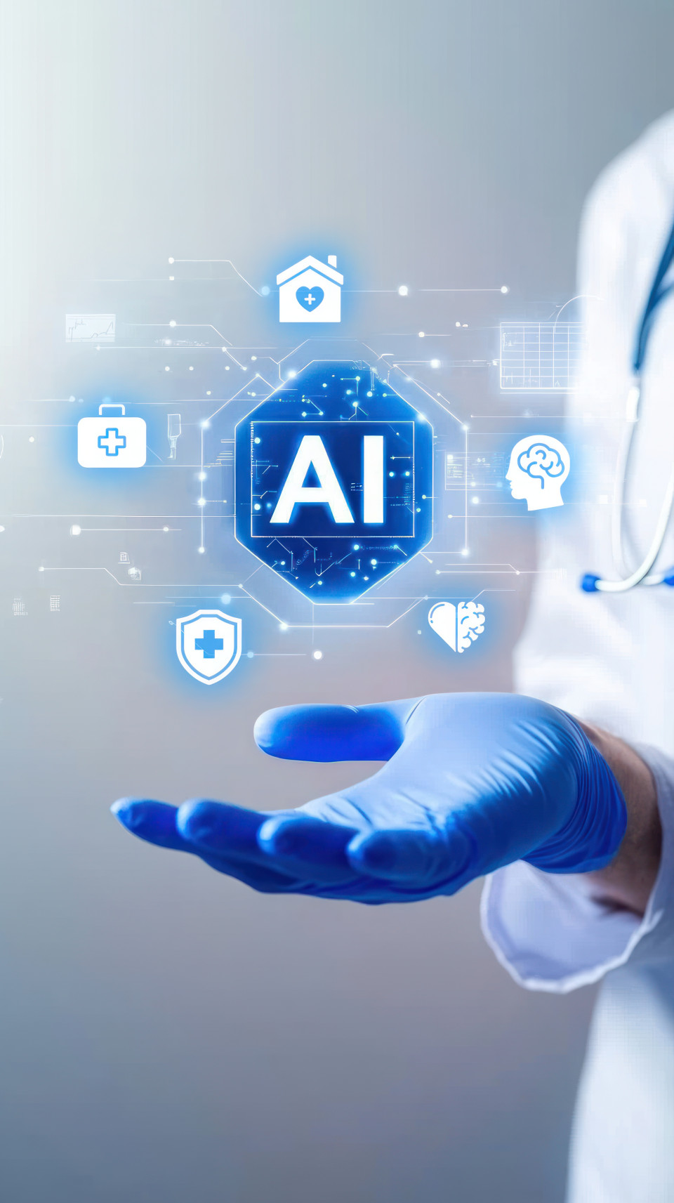 Doctor in blue gloves with ai medical icon floating above hand, doctor ai, medical chat bot, ai diagnosis
